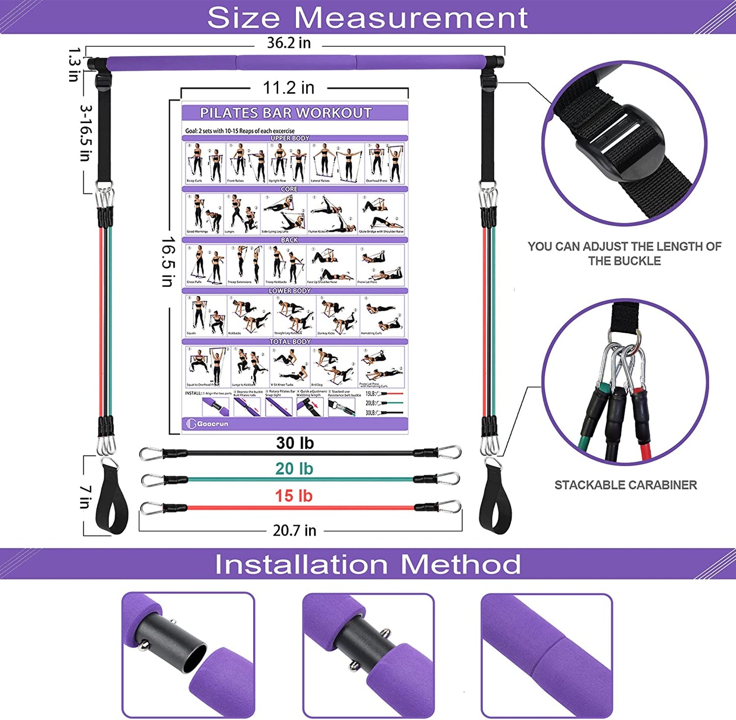 Portable Pilates Bar Kit Home Gym with Resistance Bands