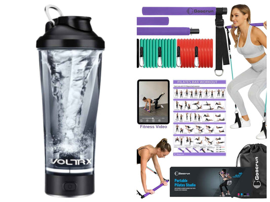 All in one Pilates Home Gym Kit Bundle With Resistance Bands + Electric Shaker Bottle