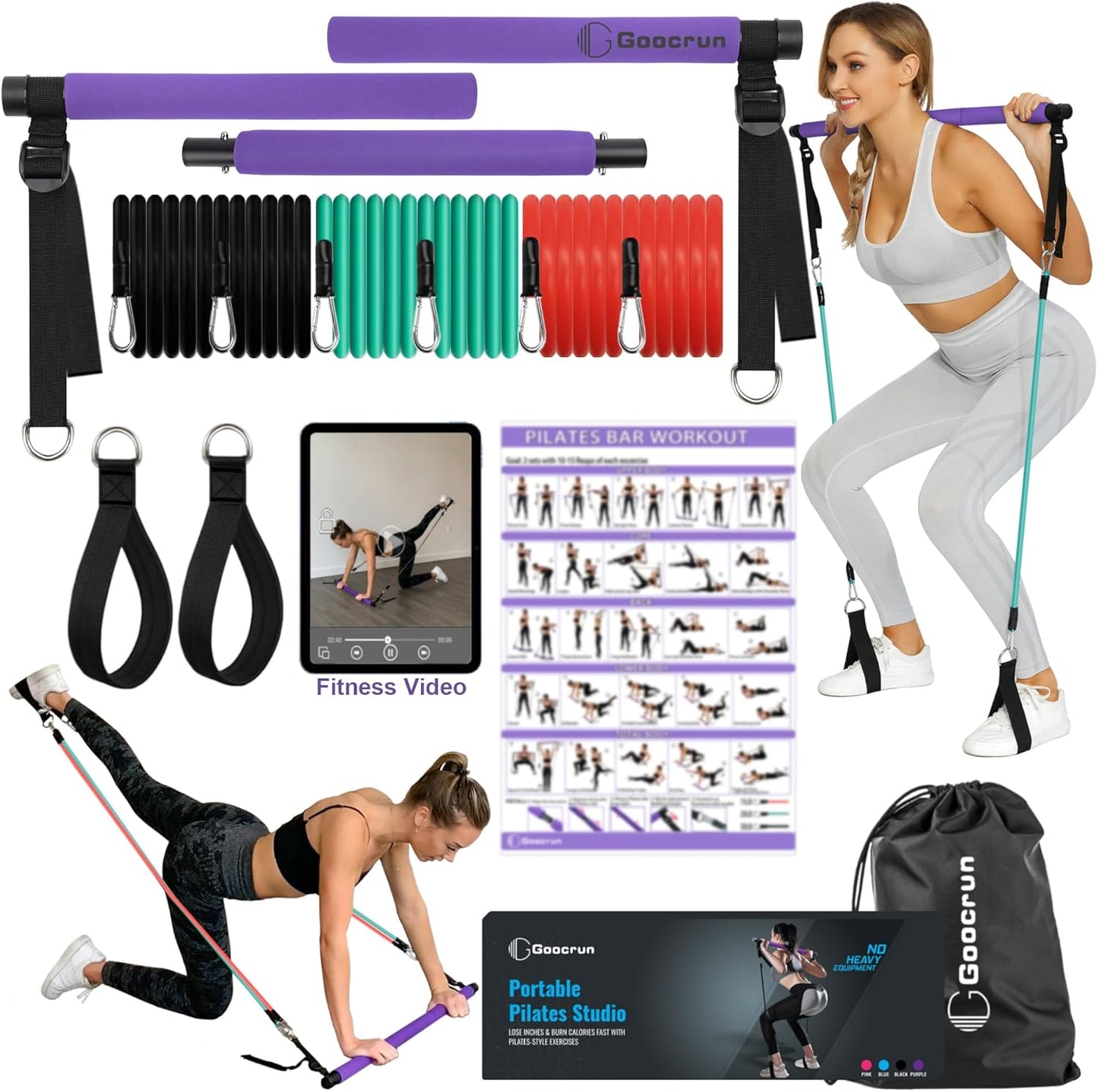 Portable Pilates Bar Kit Home Gym with Resistance Bands