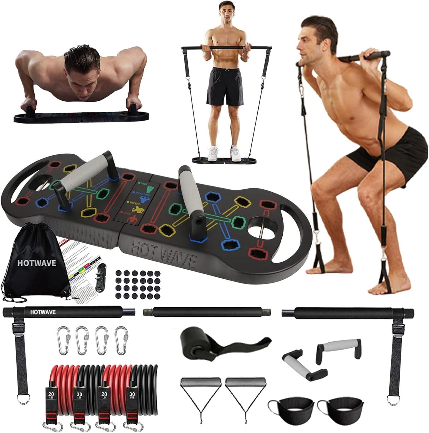 Portable Exercise Equipment with 16 Gym Accessories.20 in 1 Push up Board Fitness,Resistance Bands with Ab Roller Wheel,Full Body Workout at Home