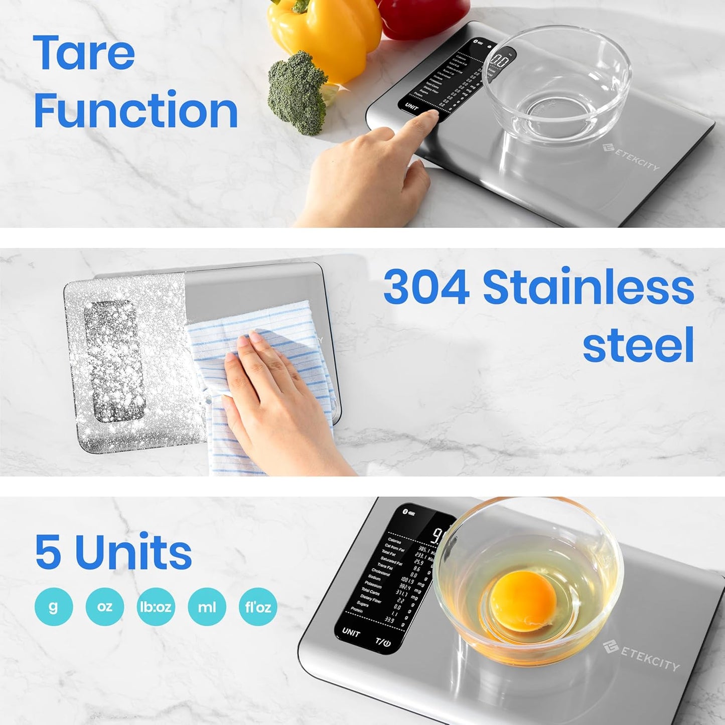 Smart Food Kitchen Scale with Nutritional Calculator, Free App with 19 Nutrients Tracking, Calorie, Marco, Digital Grams and Ounces for Weight Loss, Premium Stainless Steel, 11Lb