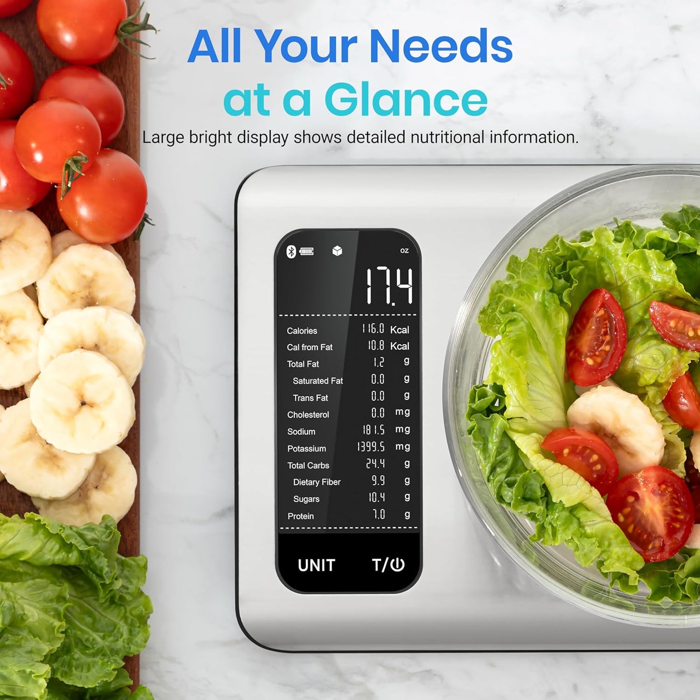 Smart Food Kitchen Scale with Nutritional Calculator, Free App with 19 Nutrients Tracking, Calorie, Marco, Digital Grams and Ounces for Weight Loss, Premium Stainless Steel, 11Lb